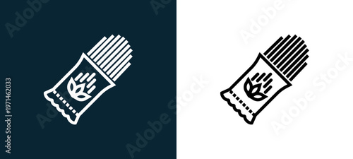 Two-color pasta outline icon pair in black and white, editable stroke vector illustration for web, mobile apps, UI design, branding, and print from gastronomy
