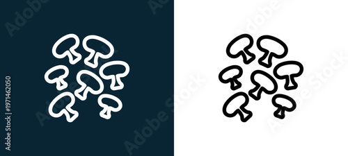 Two-color mushrooms outline icon pair in black and white, editable stroke vector illustration for web, mobile apps, UI design, branding, and print from gastronomy
