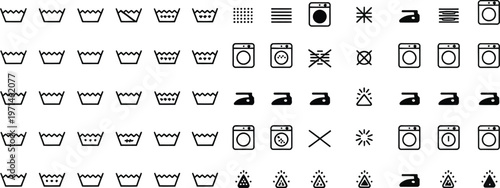 Laundry, washing machine, dryer icons set, vector graphics, black and white