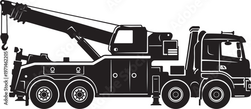 Tow truck, heavy duty, vehicle recovery, crane, black and white vector