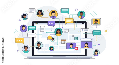Diverse people connected online via laptop, communication network concept