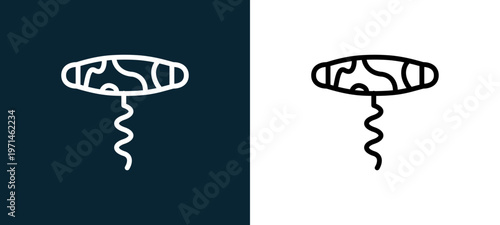 Two-color corckscrew outline icon pair in black and white, editable stroke vector illustration for web, mobile apps, UI design, branding, and print from gastronomy