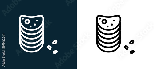 Two-color chips outline icon pair in black and white, editable stroke vector illustration for web, mobile apps, UI design, branding, and print from gastronomy