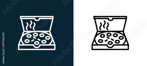 Two-color pizza outline icon pair in black and white, editable stroke vector illustration for web, mobile apps, UI design, branding, and print from gastronomy