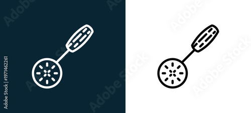 Two-color slotted spoon outline icon pair in black and white, editable stroke vector illustration for web, mobile apps, UI design, branding, and print from gastronomy