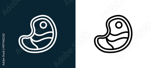 Two-color steak outline icon pair in black and white, editable stroke vector illustration for web, mobile apps, UI design, branding, and print from gastronomy