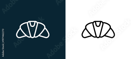 Two-color croissant outline icon pair in black and white, editable stroke vector illustration for web, mobile apps, UI design, branding, and print from gastronomy