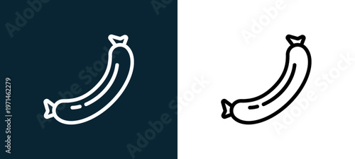 Two-color sausage outline icon pair in black and white, editable stroke vector illustration for web, mobile apps, UI design, branding, and print from gastronomy