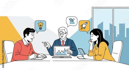 Business meeting with ideas, startup rocket, and growth chart on laptop