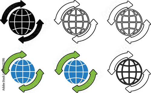 Global rotation vector icon set featuring globe symbols with circular arrows representing international communication and worldwide business logistics connectivity concepts