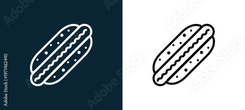 Two-color hot dog outline icon pair in black and white, editable stroke vector illustration for web, mobile apps, UI design, branding, and print from gastronomy