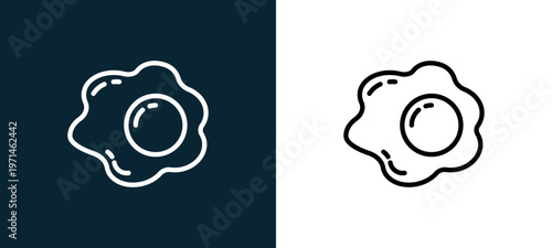 Two-color egg outline icon pair in black and white, editable stroke vector illustration for web, mobile apps, UI design, branding, and print from gastronomy