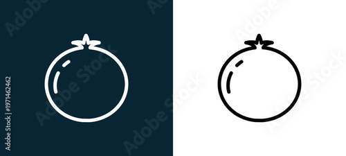 Two-color pomegranate outline icon pair in black and white, editable stroke vector illustration for web, mobile apps, UI design, branding, and print from gastronomy
