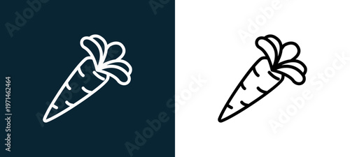Two-color carrot outline icon pair in black and white, editable stroke vector illustration for web, mobile apps, UI design, branding, and print from gastronomy