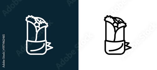 Two-color kebab outline icon pair in black and white, editable stroke vector illustration for web, mobile apps, UI design, branding, and print from gastronomy
