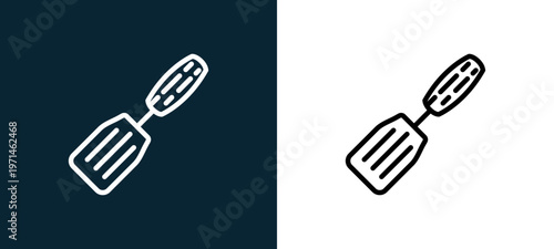Two-color spatula outline icon pair in black and white, editable stroke vector illustration for web, mobile apps, UI design, branding, and print from gastronomy