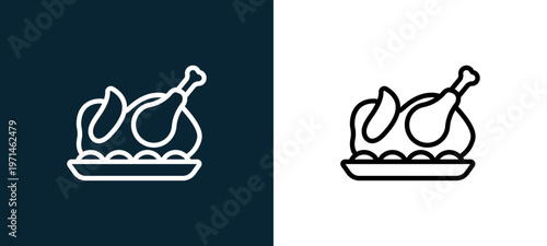 Two-color turkey outline icon pair in black and white, editable stroke vector illustration for web, mobile apps, UI design, branding, and print from gastronomy