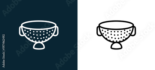 Two-color strainer outline icon pair in black and white, editable stroke vector illustration for web, mobile apps, UI design, branding, and print from gastronomy