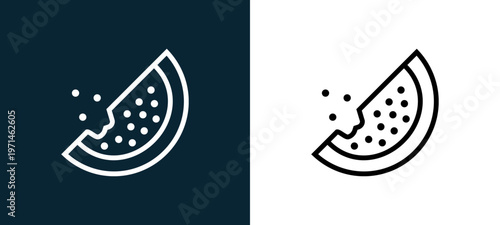 Two-color watermelon outline icon pair in black and white, editable stroke vector illustration for web, mobile apps, UI design, branding, and print from gastronomy