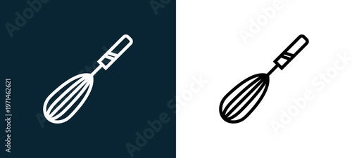 Two-color whisk outline icon pair in black and white, editable stroke vector illustration for web, mobile apps, UI design, branding, and print from gastronomy