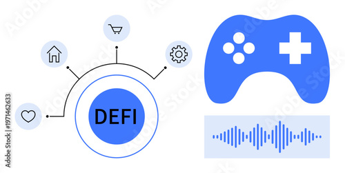 Decentralized finance concept. Decentralized finance illustration with icons branching to Defi hub. Decentralized finance in gaming, shopping, and digital assets. Perfect for fintech, blockchain