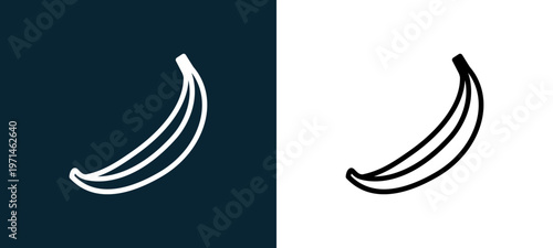 Two-color banana outline icon pair in black and white, editable stroke vector illustration for web, mobile apps, UI design, branding, and print from gastronomy