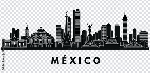 Vector illustration black and white mexico city skyline with famous landmarks and buildings