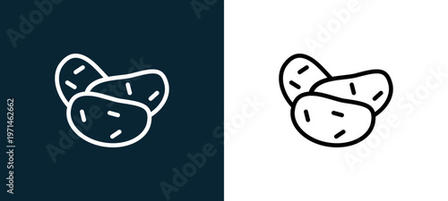 Two-color potatoes outline icon pair in black and white, editable stroke vector illustration for web, mobile apps, UI design, branding, and print from gastronomy