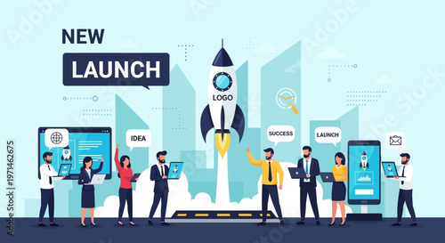 New Launch Business Startup Rocket Launching with Team Collaboration