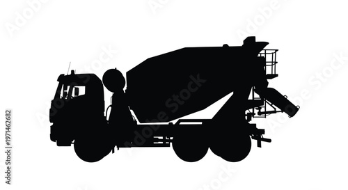 Black silhouette of a concrete mixer truck against a white background silhouette