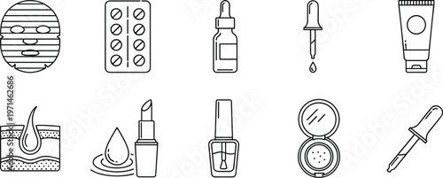 Medical and cosmetic line icon vector set featuring pills, dropper, serum, skincare and beauty products in minimal outline style
