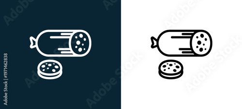 Two-color salami outline icon pair in black and white, editable stroke vector illustration for web, mobile apps, UI design, branding, and print from gastronomy