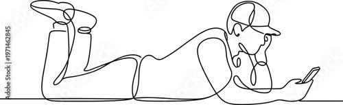 Person Wearing Baseball Cap Lying Down Using Smartphone Minimalist Line Art Style