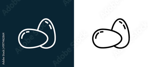 Two-color eggs outline icon pair in black and white, editable stroke vector illustration for web, mobile apps, UI design, branding, and print from gastronomy