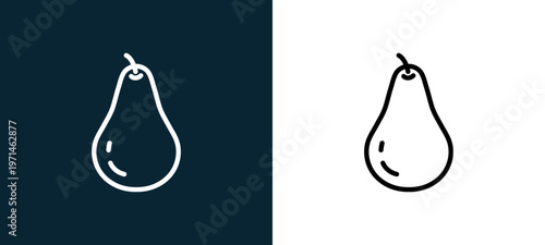 Two-color pear outline icon pair in black and white, editable stroke vector illustration for web, mobile apps, UI design, branding, and print from gastronomy