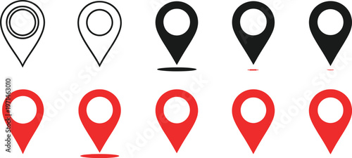 Location pins vector illustration set with various map pointer graphic designs in black and red colors.