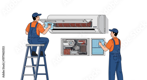 Illustrated scene of two repairmen in overalls, one on a ladder, cleaning an air conditioner with an open panel to reveal its components, set against a clean white background in a cartoon