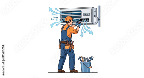 Illustrated repairman in overalls fixing an air conditioner on a white wall with tools nearby, depicted in a cartoon style with visible air flow, conveying a sense of maintenance