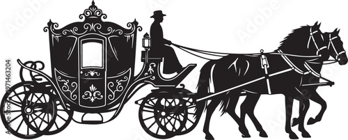 Black horse drawn carriage, vintage royal transport, elegant silhouette, luxury travel