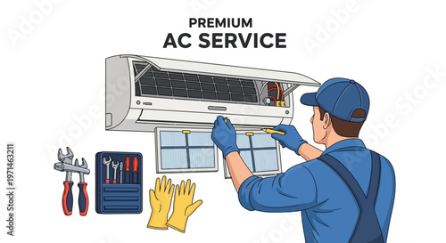 Illustrated scene of a handyman in blue uniform servicing an air conditioner, using tools against a clean white background with bright, saturated colors and a focus on detailed equipment