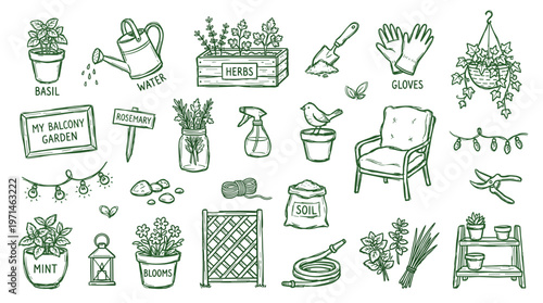 Charming Hand Drawn Garden Elements Collection For Balcony And Outdoor Spaces