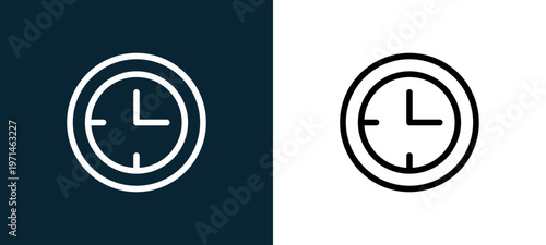 Two-color clock outline icon pair in black and white, editable stroke vector illustration for web, mobile apps, UI design, branding, and print from table tennis