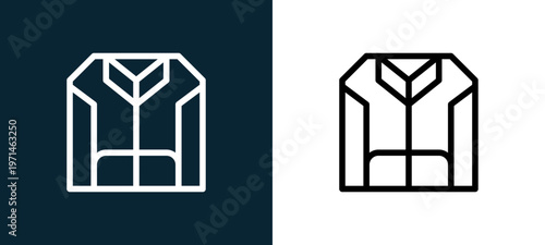 Two-color jacket outline icon pair in black and white, editable stroke vector illustration for web, mobile apps, UI design, branding, and print from table tennis