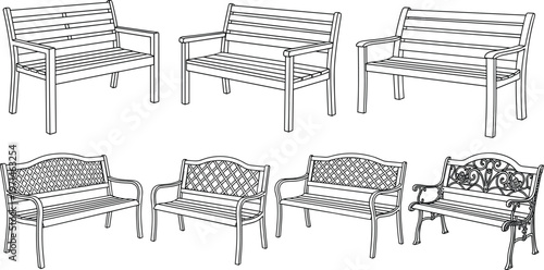 Outdoor bench vector set featuring wooden and metal park benches in different styles with detailed line art illustration