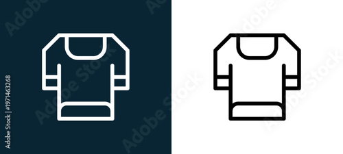 Two-color tshirt outline icon pair in black and white, editable stroke vector illustration for web, mobile apps, UI design, branding, and print from table tennis