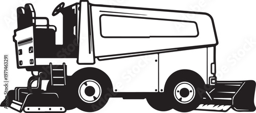 Street Sweeper Truck, Urban Cleaning Vehicle, Municipal Maintenance, Black and White Illustration