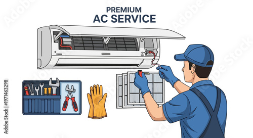 Illustrated repairman in a blue uniform replacing an air conditioner filter against a clean white background, depicted in a flat vector style with a toolbox and gloves