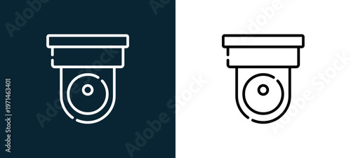 Two-color cctv outline icon pair in black and white, editable stroke vector illustration for web, mobile apps, UI design, branding, and print from smart home
