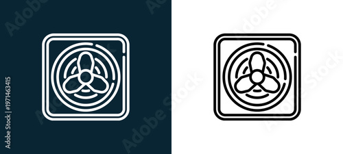 Two-color fan outline icon pair in black and white, editable stroke vector illustration for web, mobile apps, UI design, branding, and print from smart home