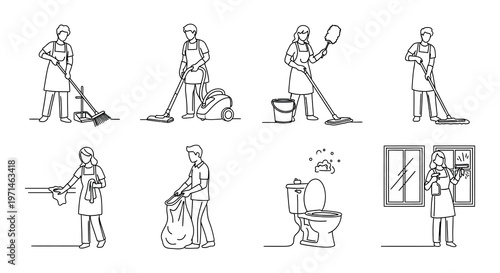 Line art illustration of people performing various cleaning tasks